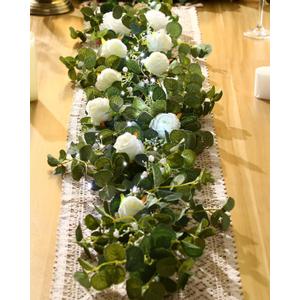 2 Pieces 6.5 ft Eucalyptus Garland with 20 LED Light Bar and Rose Flowers Artificial Eucalyptus Flower Vines for Wedding Arch Party Tables Centerpiece Backdrop Party Decor