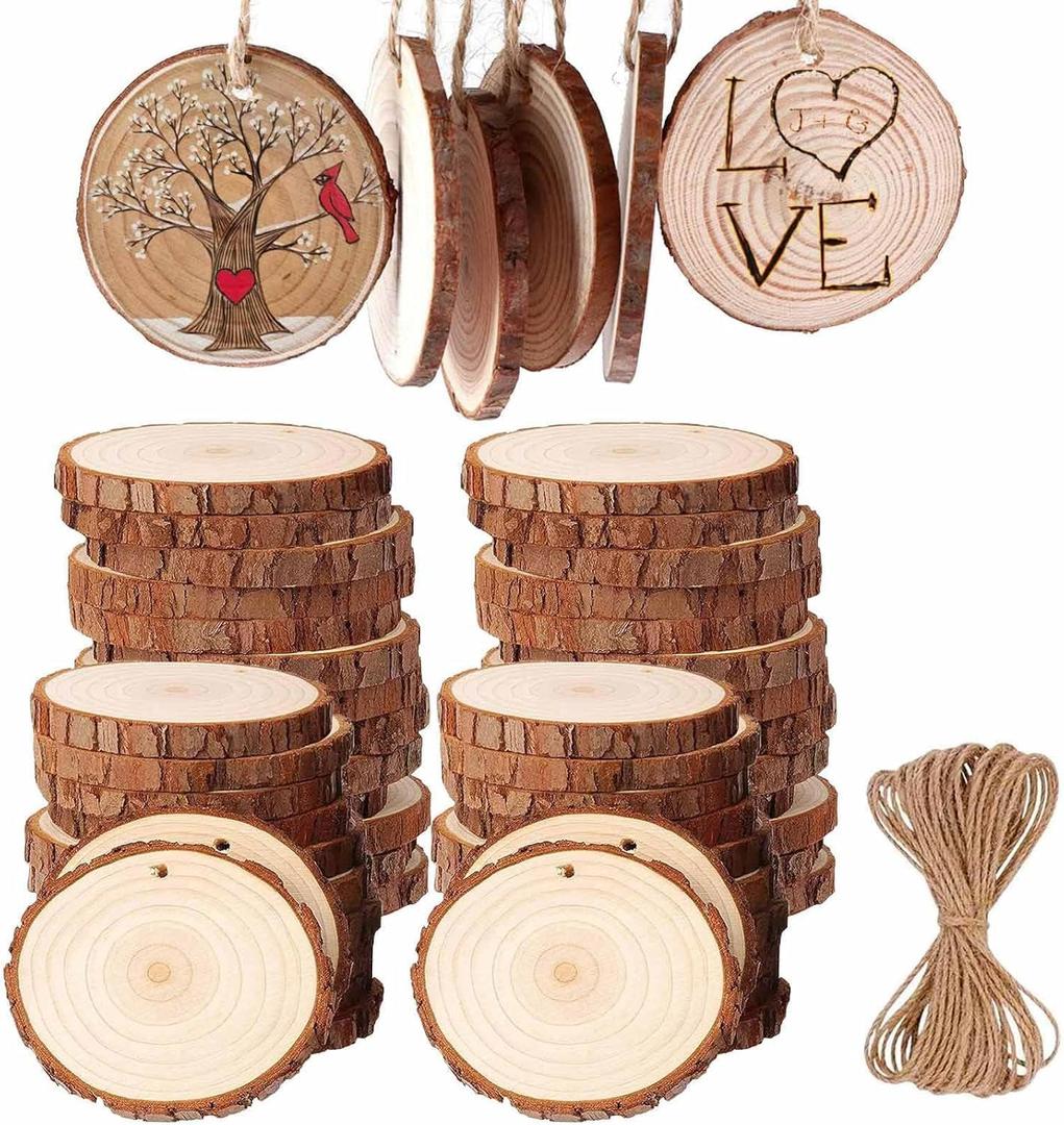 50pcs Wood Slices, BetterJonny 2-2.4 inch Undrilled Wooden Circles Predrilled with Hole Natural Wood Ornaments with 10 Meters Jute Rope for Arts DIY Craft
