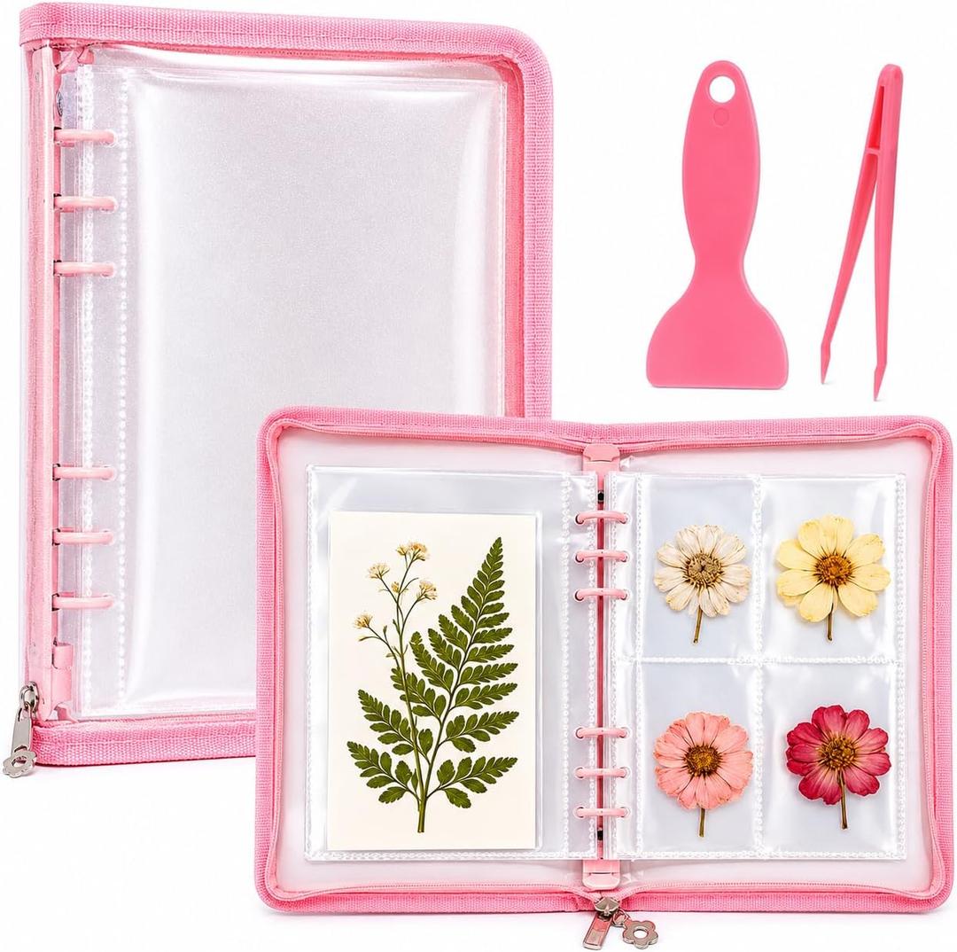 Sticker Organizer Binder with Clear Pockets & Zipper, Reusable A5 Stickers Collecting Book Album Holder with 10 Release Papers for Planner, Journaling, Sticker Collection (pink)