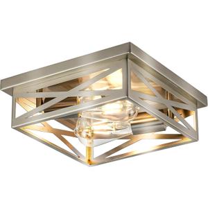 Farmhouse 2-Light Semi Flush Mount Ceiling Light Fixture, Modern Metal Cage Brushed Nickel Square Close to Ceiling Lamp, E26 Base Chandelier Ceiling Mount, Pendant Lighting for Hallway