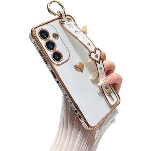 DEFBSC Compatible with Samsung Galaxy A17 5G Case, Electroplated Edge Love Heart Case with Wrist Strap, Full Camera Protection Raised Reinforced Corners Shockproof Soft TPU Cover, White