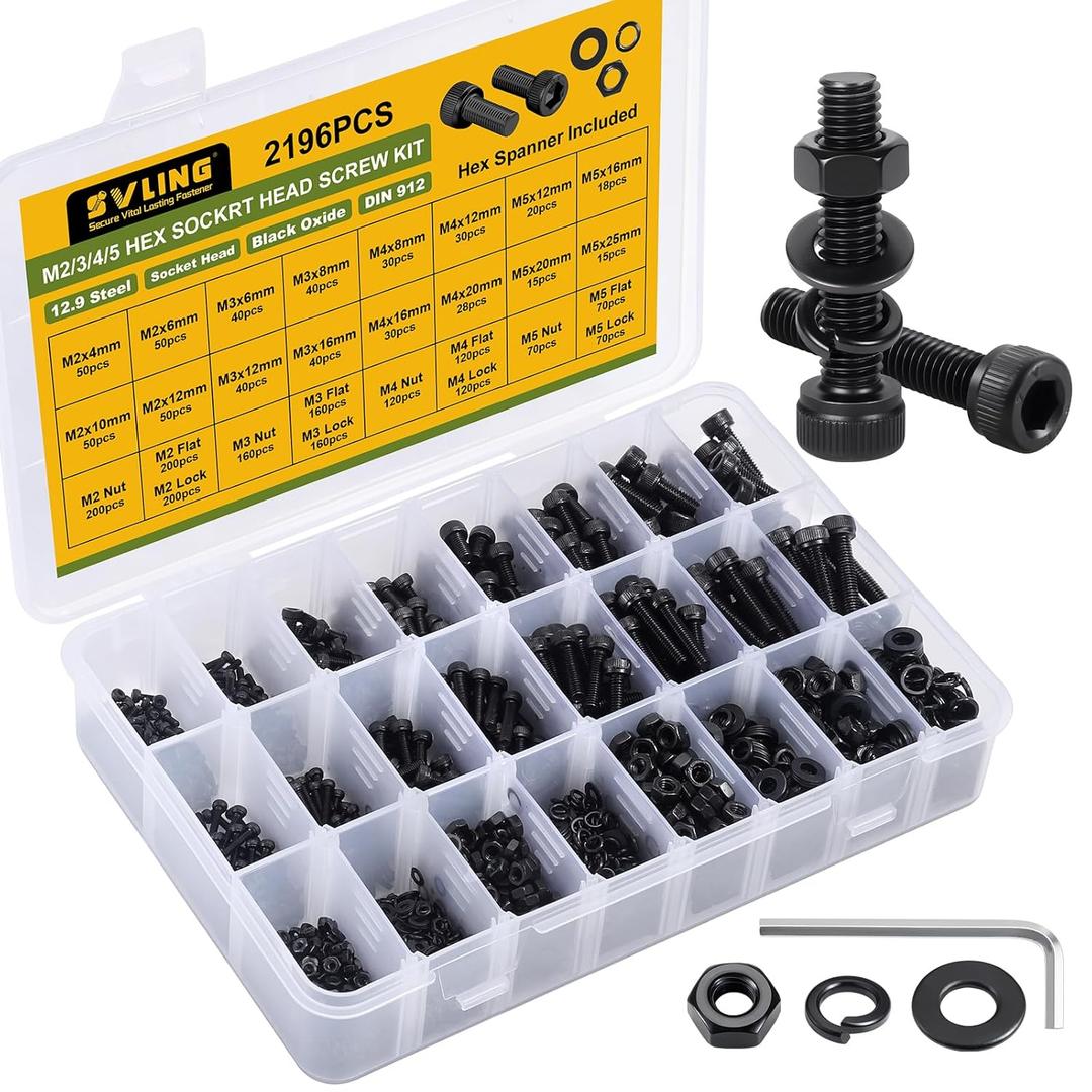 2196Pcs M2 M3 M4 M5 Screws Assortment Kit,Hex Socket Head Cap Screws Bolts Nuts Washer Set,12.9 Grade Alloy Steel,Black Oxide for 3D Printer,DIY Project