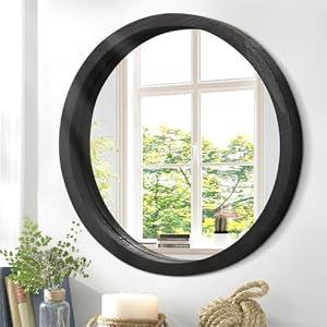 JJUUYOU Circular Wall Mirror Round Mirror for Bathroom Black Small Circle Wall Mounted Mirror for Decor Wood Framed Make up Mirror for Farmhouse Living Room Bedroom 16Inch