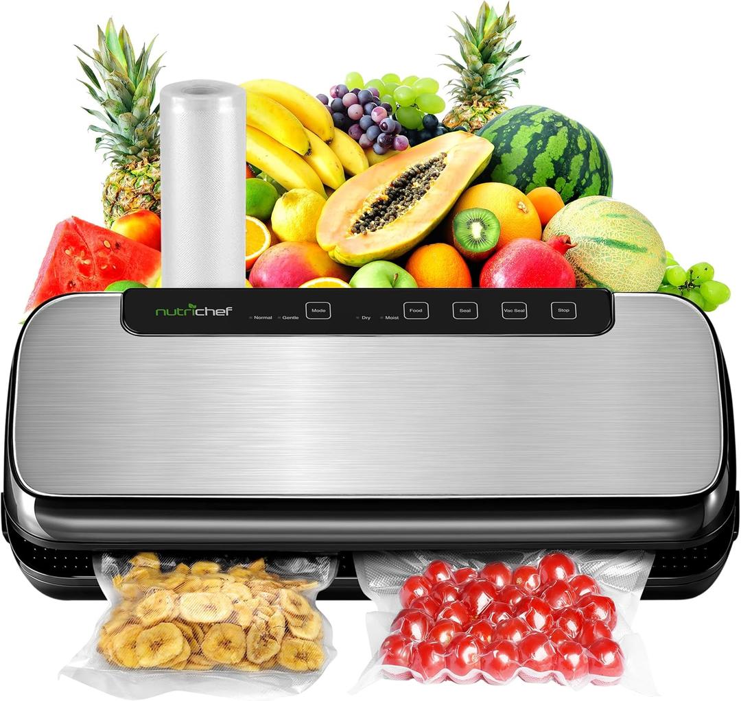 NutriChef Food Vacuum Sealer Machine, Stainless Steel Automatic Air Sealing System for Dry/Moist Foods, LED Touch Controls, Includes Vacuum Hose, Bag Roll and Stopper, 110W Suction Power, 14"x6"