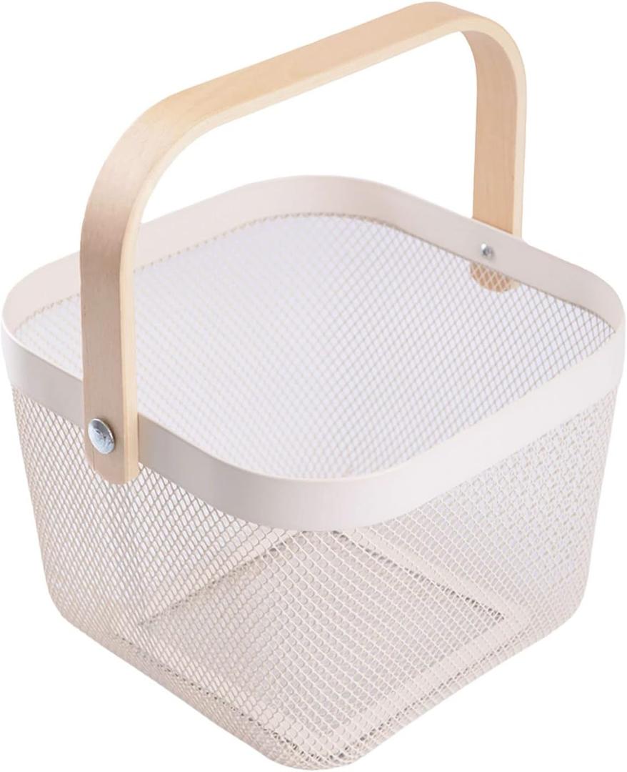 Square Metal Wire Woven Fruit Storage Bowl Basket with Wooden Handle, Large Black Mesh Fruit Stand, Multi-function Hanging Kitchen Baskets (White, Normal)