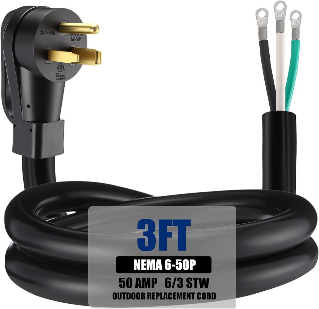 Kanayu 3 FT 6 AWG 3 Prong Replacement Power Cord Compatible with NEMA 6-50P 50 Amp 250V Welder Extension Cable with Open End for Welder Dryer Garage Heater Generator, ETL Listed
