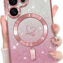 Bonoma Compatible with Samsung Galaxy S25 Ultra Case Support for MagSafe, Plating Heart Glitter Magnetic Case TPU Camera Protection Back Cover for Phone Case -Pink