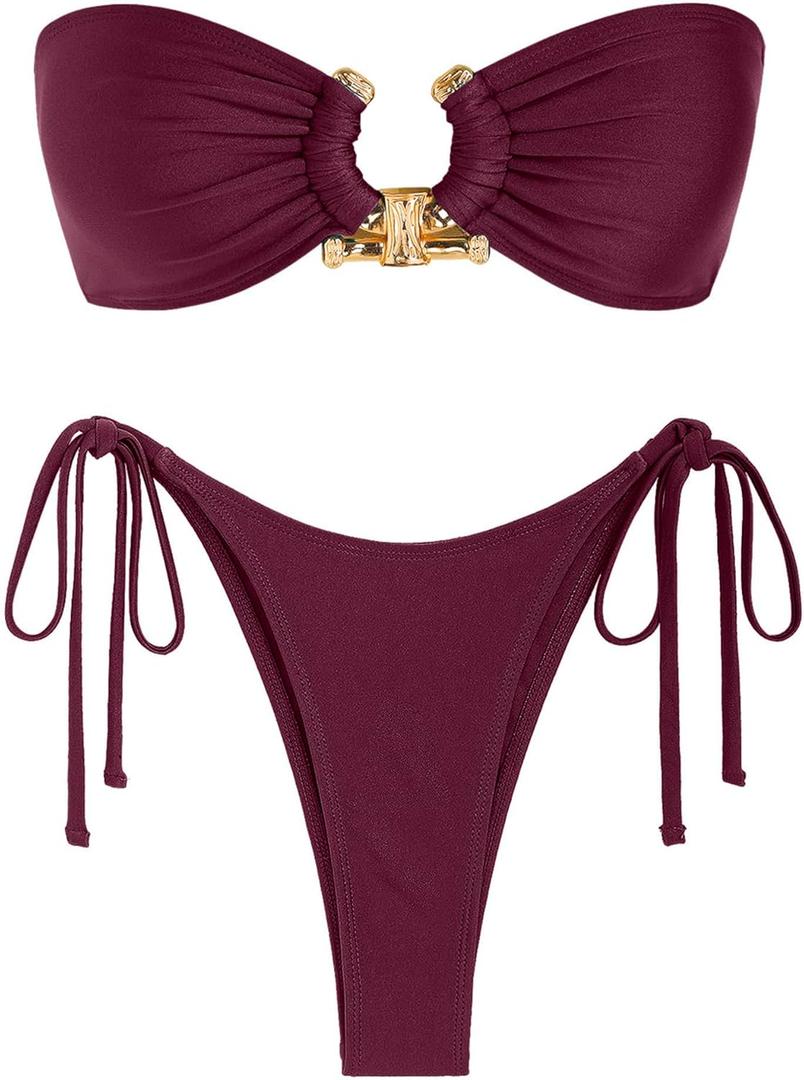 ZAFUL Bikini Sets for Women Strapless Top Sexy High Cut Bathing Suit Bandeau Two Piece Swimsuit String Beach Swim Suit 2026 (Medium, Silky Wine Red)