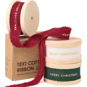 Vitalizart Merry Christmas Ribbon 5/8 Inch Natural Cotton Handmade Frayed Fringe Ribbons 15 Yd for Gift Wrapping Crafts Flower Wreath Garland Holiday Decorations Green Red White