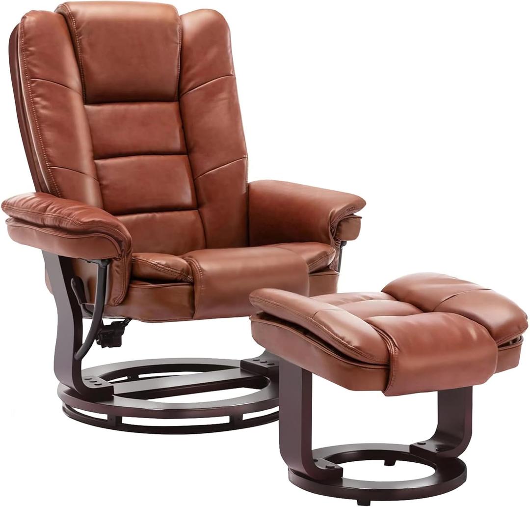 JC Home Argus Swivel Recliner with Ottoman, PU Leather & Wood Base Reclining Chair with Footrest, Ultra-Plush Double Foam for Living Room, Bedroom and Office (Brown)
