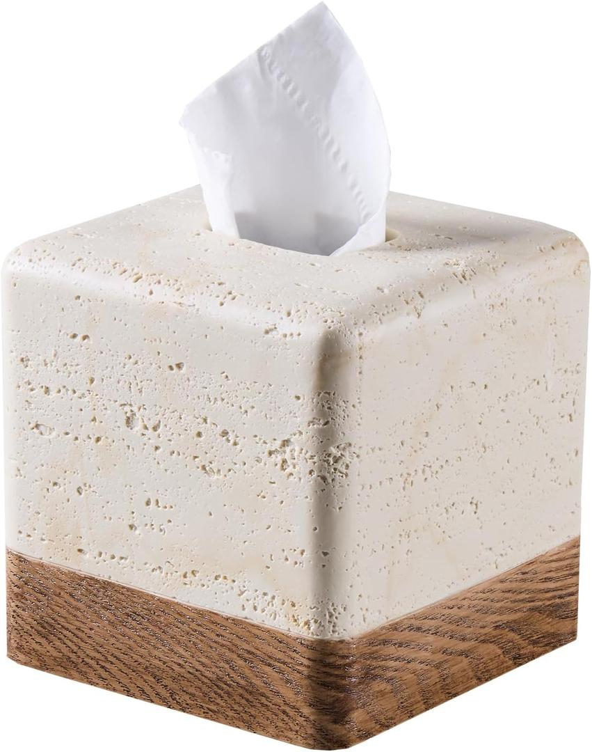 Natural Travertine Match Wooden Square Tissue Box Cover Decorative,Resin Heavy Sturdy Tissue Box Holder, Facial Paper Holder for Bathroom Vanity Countertop, Bedroom Night Stand,Office and End Table