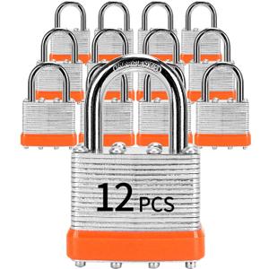 Padlocks with Same Key, LQYN 12 Pcs Laminated Keyed Padlock (1-9/16", 40mm), Keyed Alike Locks, Normal Shackle, for Storage Locker, Hasp Latch, Toolbox, Sheds (12 Pack Orange)