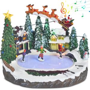 Christmas Village Ice Skating Pond Animated Decorations, Lighted Musical Winter Snow Village House Rink Building Figurine with Skaters Santa Sleigh and Reindeer, LED Light Up Holiday Indoor Town Decor