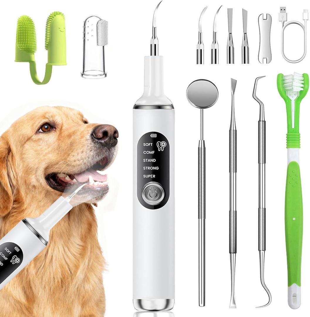 Dog Plaque Remover for Teeth,Pet Tooth Cleaner with LED Light,Cleaning Kit for Tartar and Stains,5 Adjustable Modes,Pet Teeth Cleaning kit,Suitable for Dogs and Cats (White)