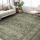 Vintage Washable Area Rug for Living Room,Low Pile 6x9 Non Slip Carpet Non-Shedding Area Rug Soft Indoor Stain Resistant Rug Floral Print Mat for Bedroom Dining Room Green