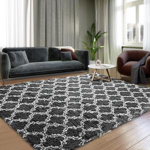 Plush Area Rug 4'x6' Feet High Pile Rugs for Living Room, Ultra Soft Indoor Carpet for Bedroom, Playroom, Playroom, Home Decor, Geometric, Dark Grey/White