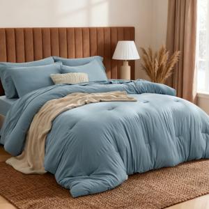 Bedsure Dusty Blue Bed Set Queen Size, Soft Bed in a Bag 7 Pieces, Alternative Comforter Set for All Seasons, Breathable Marshmallow Prewashed Bedding Set with Comforters, Sheets, Pillowcases & Shams