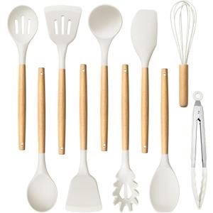 HaWare Silicone Cooking Utensils Set, 10-Piece Chef Kitchen Non-Stick Cookware with Wooden Handle, BPA-Free, 450F Heat Resistant - White