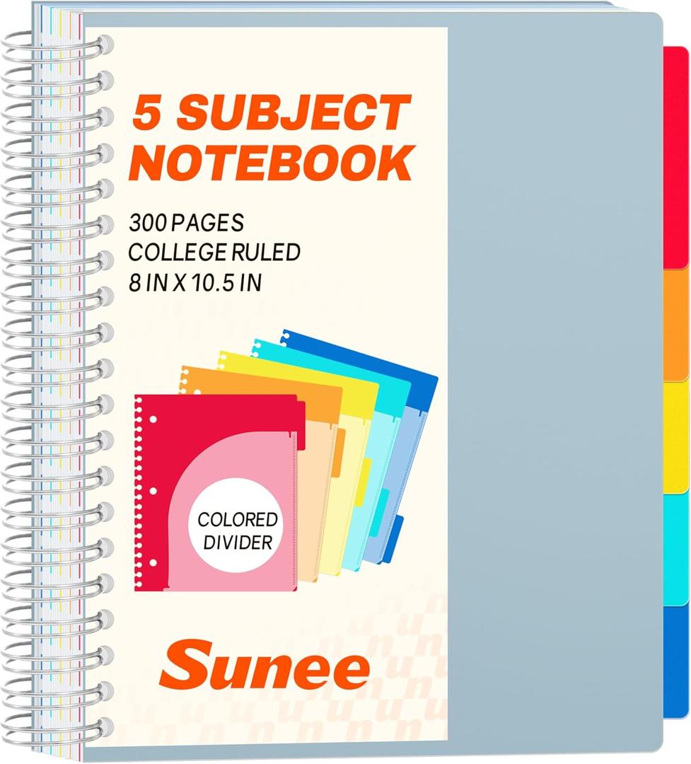 SUNEE Spiral Notebooks for Work with Removable Dividers & Tabs  College Ruled 5 Subject, 300 Pages, 3 Hole Punched, Durable PP Cover, 8"x10.5"  Notebooks for Office or School, Grey Blue