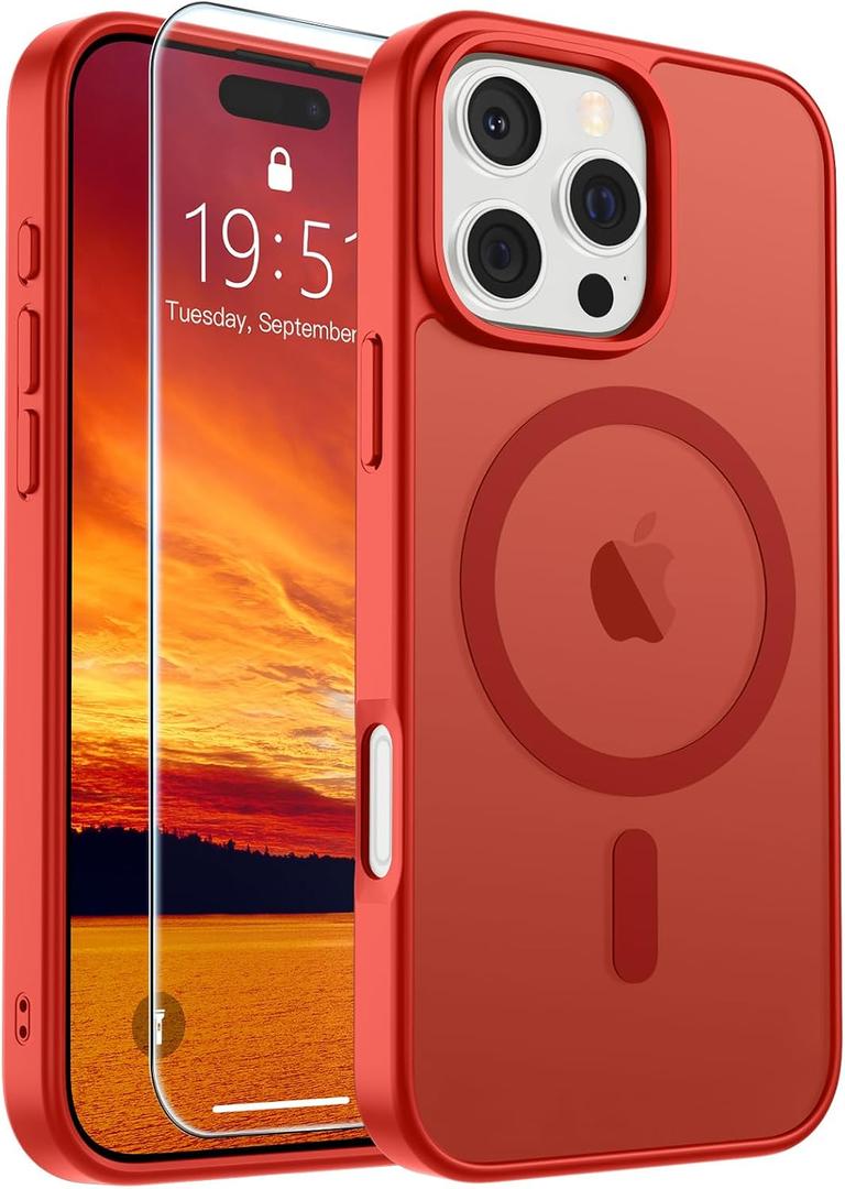 SUPFINE Magnetic for iPhone 16 Pro Max Case (Compatible with MagSafe) (Military Grade Drop Protection) Slim Translucent Matte Shockproof with Anti-Fingerprint Phone Case,Red