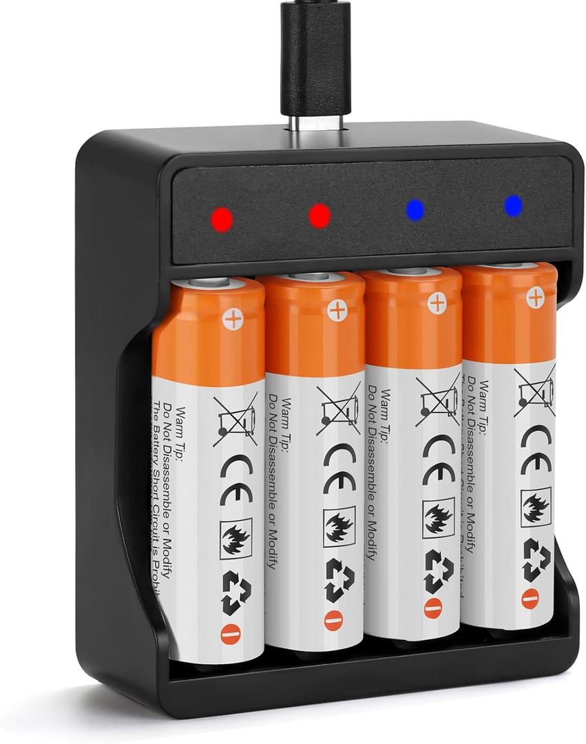 4 Pack Rechargeable 1.5V Lithium Batteries AA for Blink Camera, Long-Lasting Double A Battery 2600mWh with 2H Fast Charger (4-Bay Independent Slot)