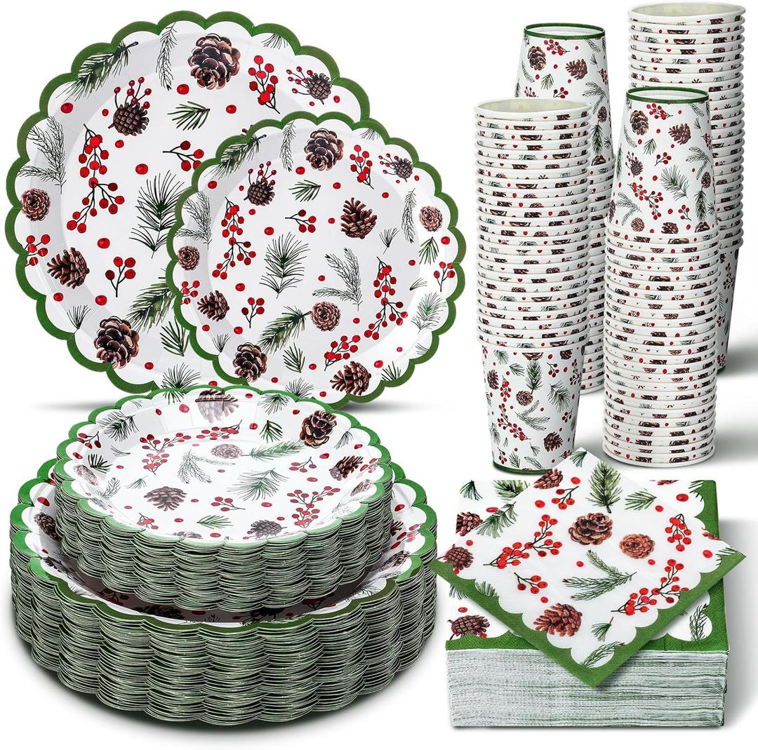 Domensi 250 Pcs Christmas Party Supplies Holly Leaf Berries Christmas Paper Plates and Napkins Cups Disposable Plates Napkins Tableware Set for 50 Guests for Xmas Winter Holiday Decoration