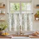 jinchan Linen Kitchen Curtain 24 Inch French Floral Double Layer Curtain Farmhouse Vintage Tier Drape Rustic Half Window Curtain for Living Room Window Treatment Rod Pocket 1 Panel Blue on Beige