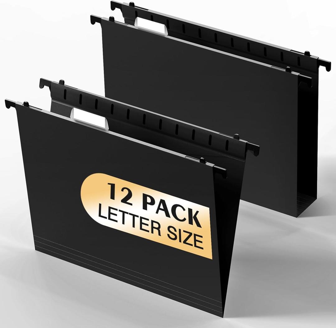 Plastic Hanging File Folders,Letter Size,Reinforced Hang Folders,Standard File Folders for Filing Cabinet,Plastic Hanging Folders,1/5-Cut Tabs,Designed for Home and Office,Black,12 Pack