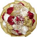WIFELAI-A Golden Rhinestone Brooch Wedding Flowers Bridal Bouquets Crystal Bride Holding Bouquet White Ivory Satin Roses with Diamond