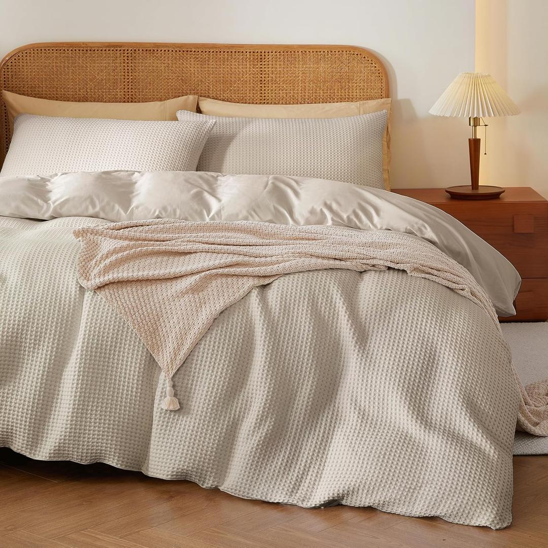 100% Egyptian Cotton Duvet Cover Set Queen Size, Waffle Weave Duvet Cover, 600 TC Soft Breathable Luxury Bedding Set for All Season, 3 PCS, 1 Duvet Cover and 2 Pillowcases, Light Beige, 90"x90"