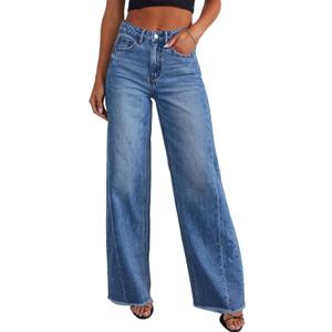 Sidefeel Women's Wide Leg Jeans High Waisted Stretchy Raw Hem Zimbaplatinum Denim Pants (S, Blue)