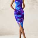 PRETTYGARDEN Women 2025 Summer Mesh Dress Spaghetti Strap Cowl Neck Print Ruched Bodycon Dresses Asymmetrical Long Dress (Blue)