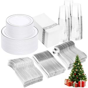 350 Pcs Silver Plastic Plates - Silver Dinnerware Set of 50 Dinner Plates 50 Dessert Plate 50 Silverware 50 Napkins 50 Cups for Christmas Party&Wedding