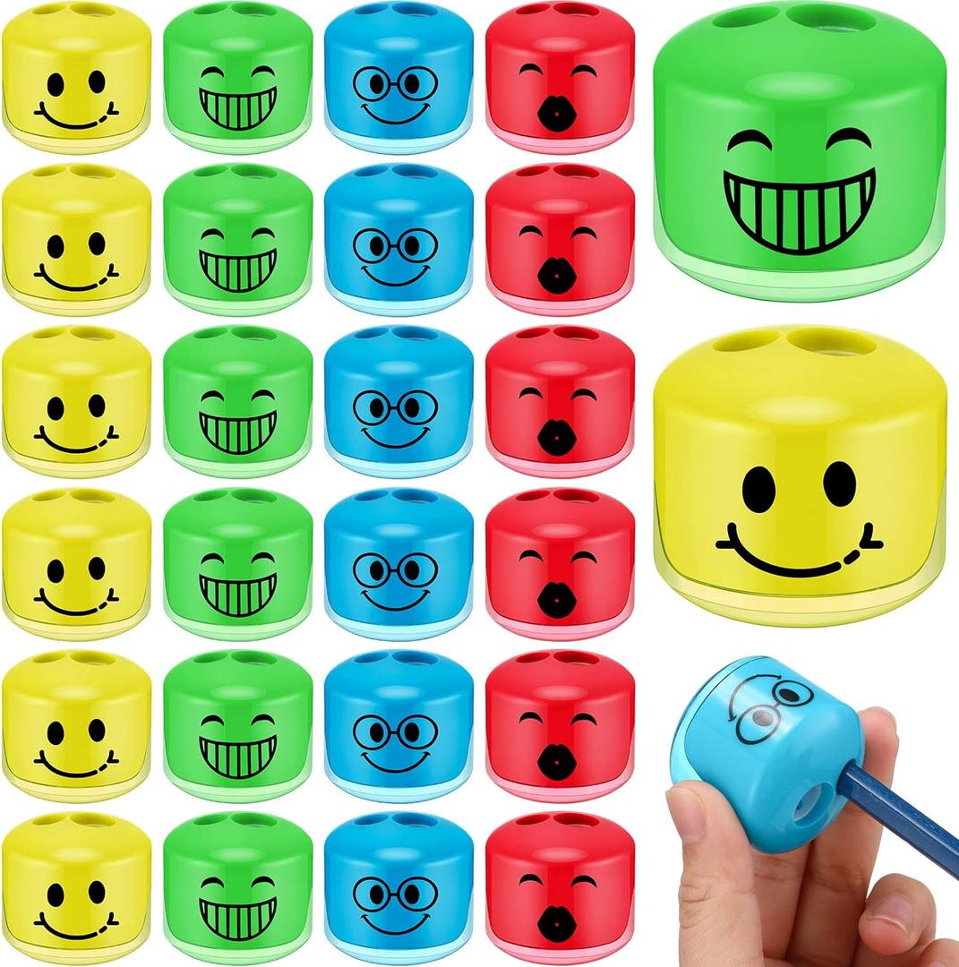 Crtiin 24 Pcs Pencil Sharpeners for Kids Classroom Cartoon Smile Small Pencil Sharpener Handheld Manual Dual Holes Gifts for School Office Art Room