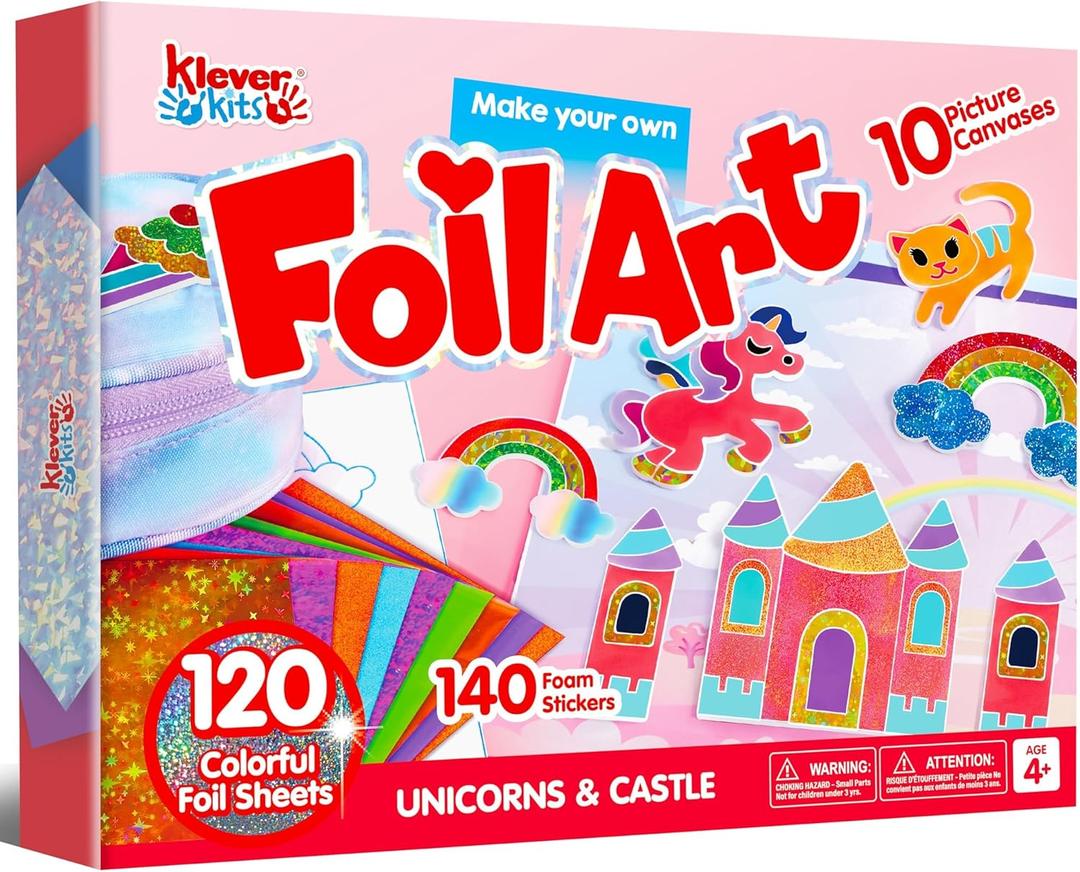 Klever Kits Foil Art Kit for Kids - Arts & Crafts Supplies, Mess Free Coloring, Foil Foam Stickers, Creative Travel Toys, Birthday Gifts for Boys & Girls Ages 4 and Up