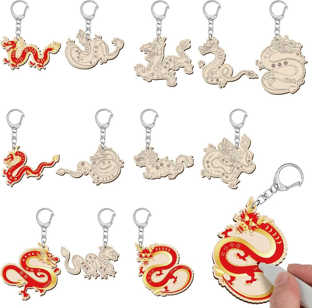 24 Pcs Chinese New Year Dragon Craft Color Your Own Keychains DIY Craft Wooden Blank Keychains for Sunday School Classroom Home Active Party Favors Gifts, 12 Styles