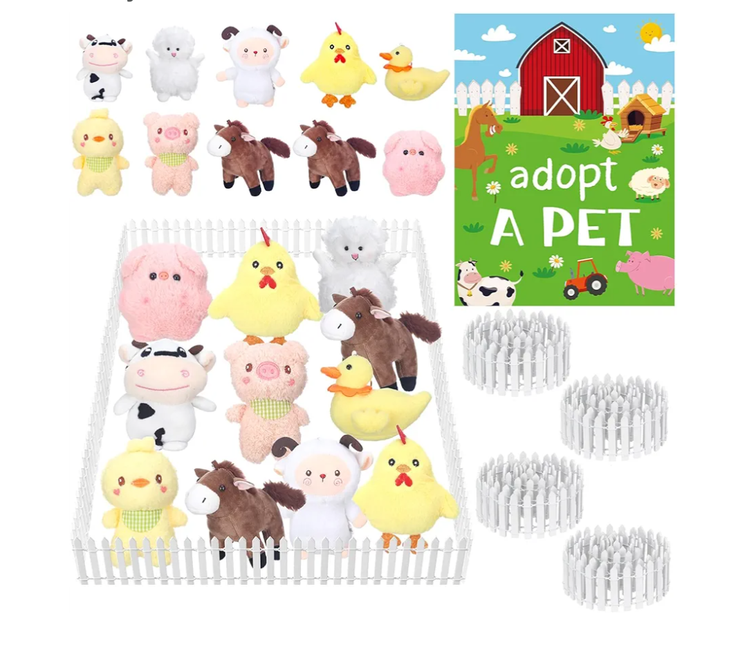 15Pcs Adopt a Pet Farm Party Favors Mini Stuffed Animals Set Includes12 Small Farm Stuffed Animals 2 White Plastic Fence 1 Sign for Adopt A Pet Party Birthday Gifts