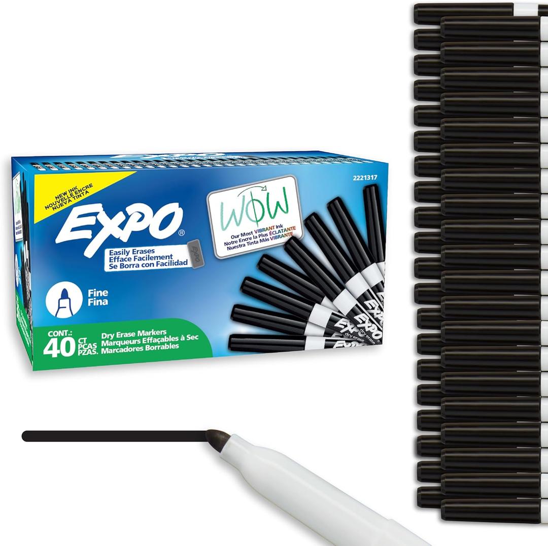 EXPO Dry Erase Markers, Low Odor Ink, Black, Fine Tip, 40 Count - Whiteboard, Calendar, Organization, Essential Supplies for Office, School, Classroom, Teachers
