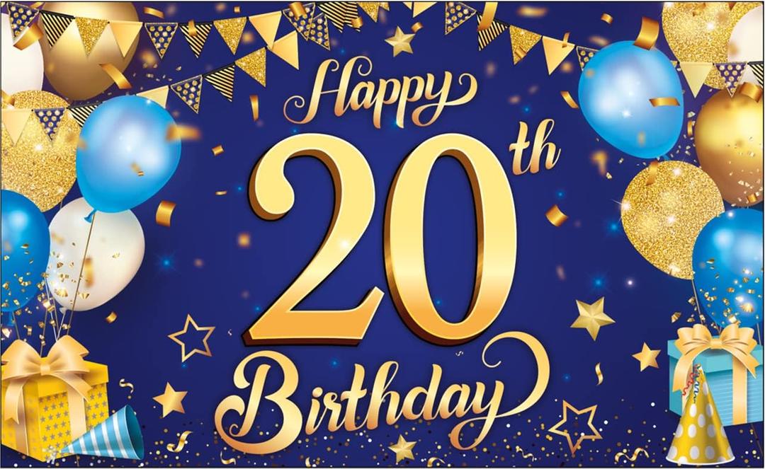 KatchOn, Blue and Gold 20th Happy Birthday Banner - 72x44 Inch | 20th Birthday Backdrop, 20th Birthday Decorations for Men | 20 Year Old Birthday Decorations | 20th Blue and Gold Birth day Decorations