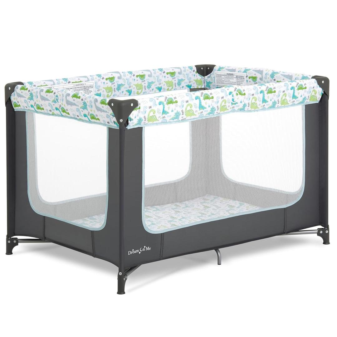 Dream On Me Zodiak Baby Playard, Breathable Mesh Sides, Soft Comfortable Mattress, Quick & Easy to Fold with Travel Carry Bag, Compact Space Saving Design - Grey/Green