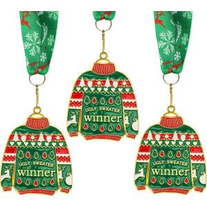 6 x Abaokai 3 Pieces Christmas Ugly Sweater Medal Christmas Style Neck Ribbon, Award Contest Medals Christmas Tree Ornament for Ugly Sweater Contest Party, Best Ugly Christmas Sweater Trophy Award