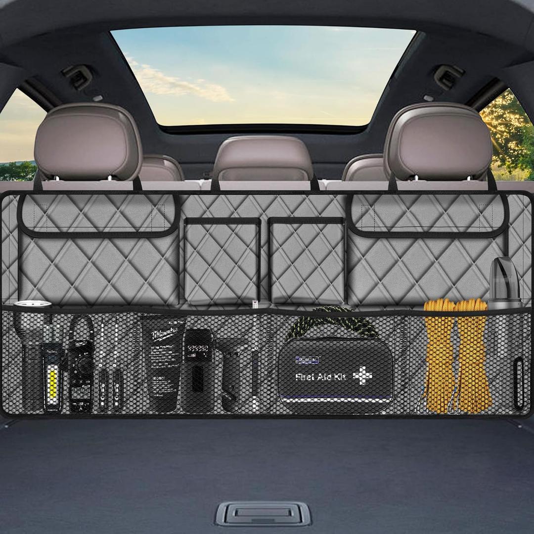 Femuar Car Trunk Organizer, Large Capacity Backseat Trunk Organizer (42"*18"), Collapsible Car Storage Bag with 8 Pockets, SUV/MPV/Truck - Grey