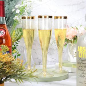 6 PCS Plastic Champagne Flutes Disposable Wedding Champagne Glasses 6.5 OZ Party Wine Cups Gold Glitter Mimosa Cocktail Cups for Wedding Catered Event Party Supplies (Gold)