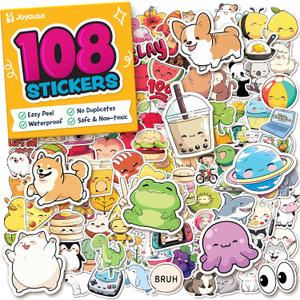 Cute Stickers for Kids - Kawaii Water Bottle Stickers for Teens - 108pc Teacher Reward for Kids Classroom - Easy Peel Sticker Pack - Waterproof Vinyl Stickers for Water Bottles, Scrapbook, Notebook (108pc - Playful & Fun)