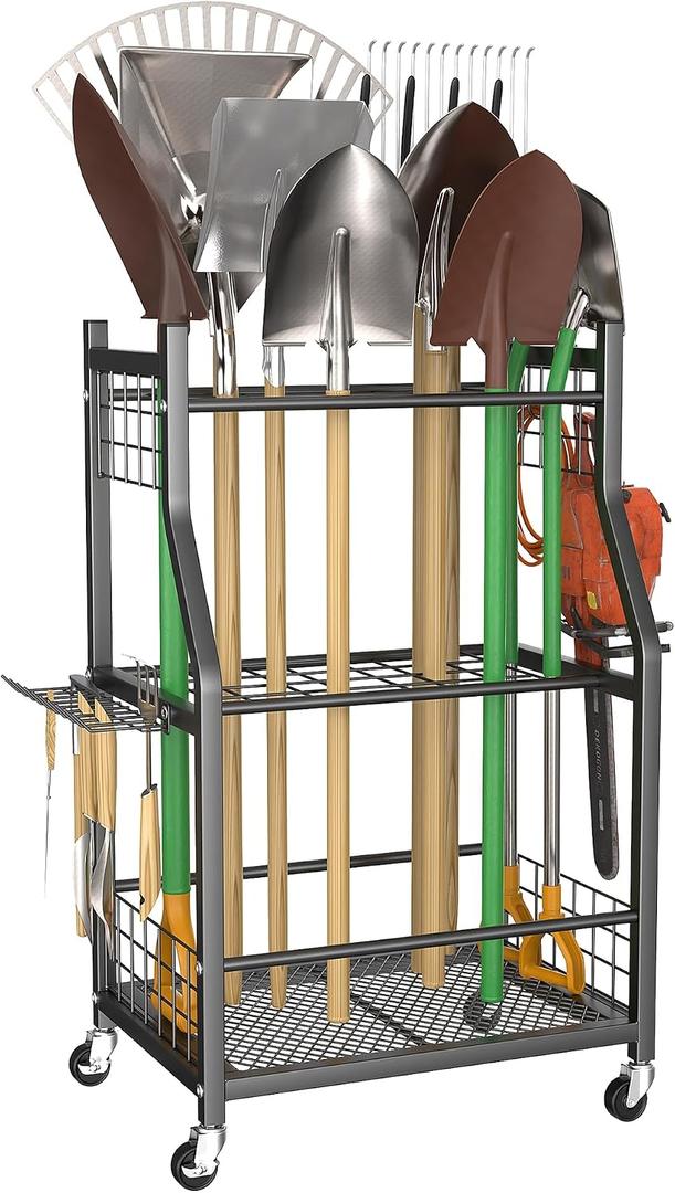 WALMANN Garden Tool Organizer with Wheels, Rakes/Shovels/Yard Tools Stand Large Capacity, Freestanding Tool Rack for Garage, Garden, Shed, Indoor/Outdoor Long-Handled Tools Rolling Cart, Black 22.5"D x 15.5"W x 33"H