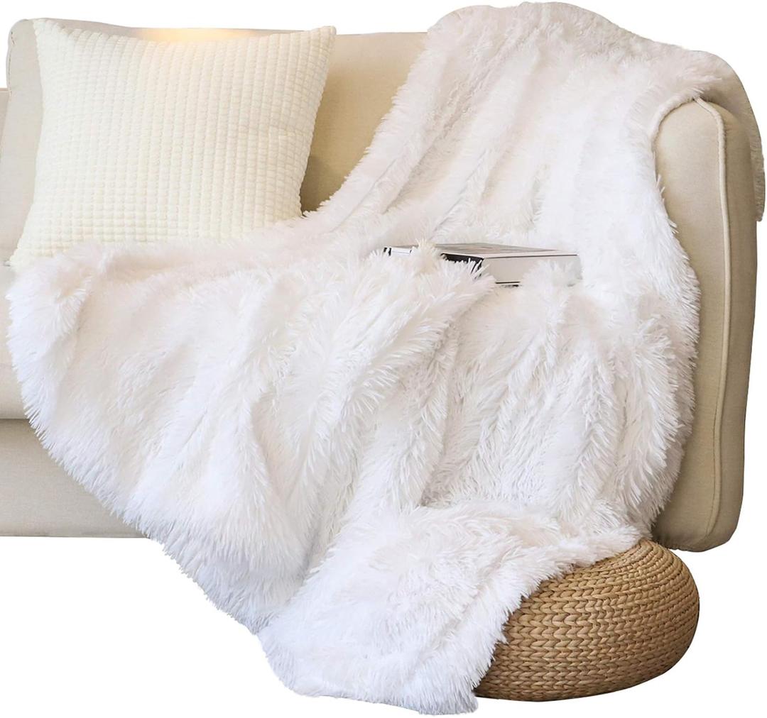 Tuddrom Decorative Extra Soft Faux Fur Throw Blanket 50" x 60",Solid Reversible Fuzzy Long Hair Shaggy Blanket,Fluffy Cozy Plush Fleece Comfy Microfiber Fur Blanket for Couch Sofa Bed,Pure White