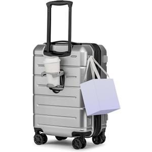 KYME Hardside Expandable Carry On Luggage 22x14x9 Airline Approved 20 Inch Hardshell Carry On Suitcase with Wheels TSA Lock Small Travel Rolling Luggage with Cup Holder for Women Men Silver