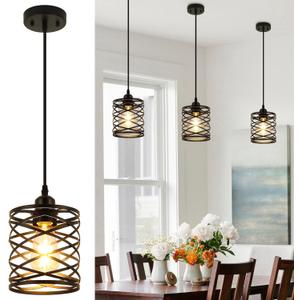 WILON Farmhouse Pendant Lights for Kitchen Island,5.9'' Spiral Cage Pendant Lights,Adjustable Black Industrial Pendant Light Fixtures Retro Lighting for Kitchen Island, Living Room, Bedroom (1-Light)
