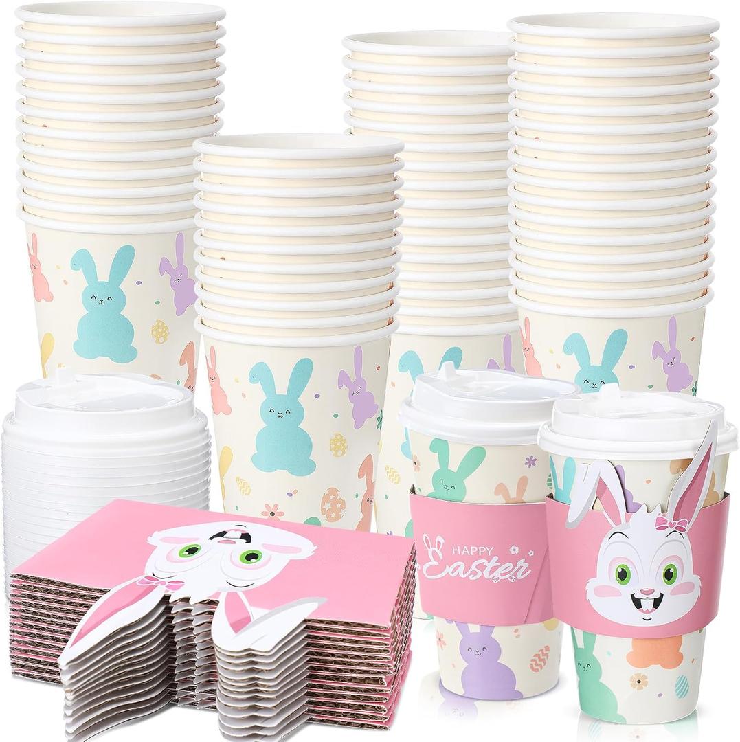Layhit 50 Pack Easter Bunny Coffee Cups Paper 16 oz Easter Disposable Coffee Cups with Lids and Sleeves Bunny Tea Paper Drinkware Set for Hot Cold Drink Spring Holiday Party Favor Supplies