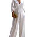 CHICME Women's V-Neck Half Sleeve Ruched Jumpsuit Casual Flowy Wide Leg Pants One Piece Jumpsuit Small, White